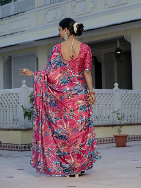 Pink Floral Chinnon Ready To Wear Saree With Mirror Lace
