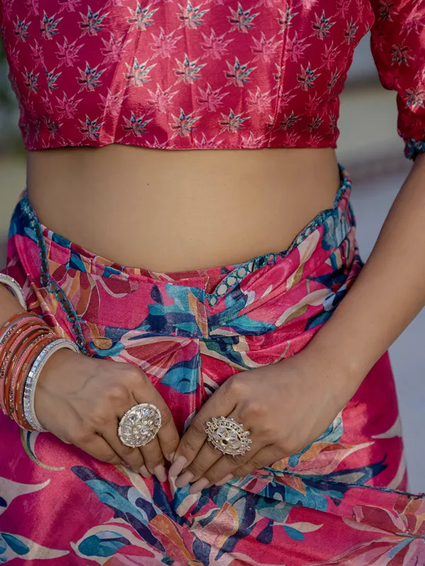 Pink Floral Chinnon Ready To Wear Saree With Mirror Lace