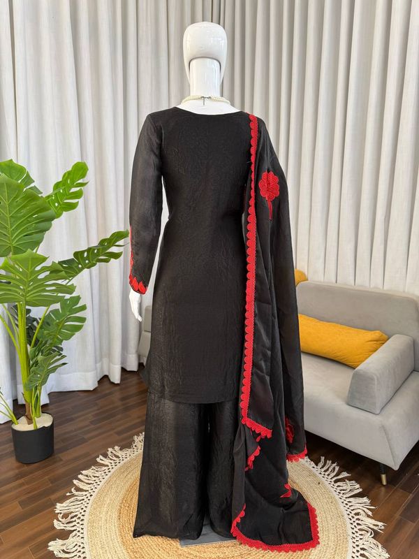 Black Red Fendy Silk 3 Piece Readymade Salwar Suit Set