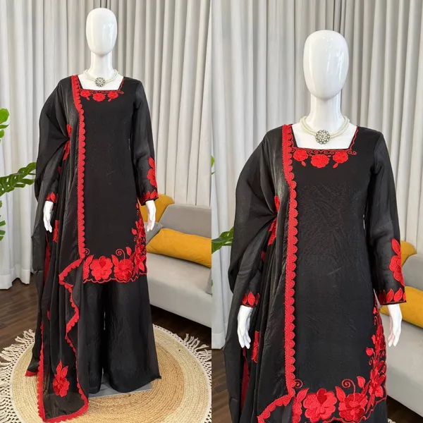 Black Red Fendy Silk 3 Piece Readymade Salwar Suit Set