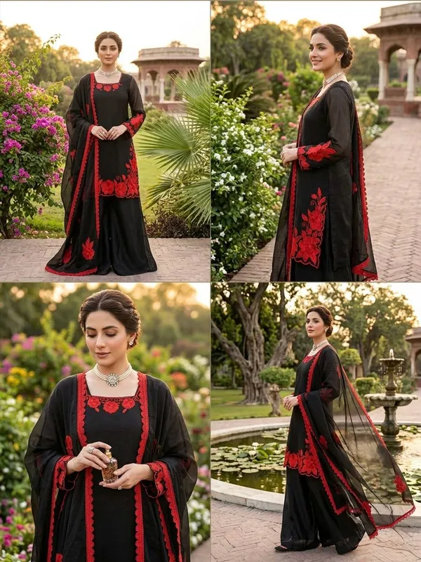 Black Red Fendy Silk 3 Piece Readymade Salwar Suit Set
