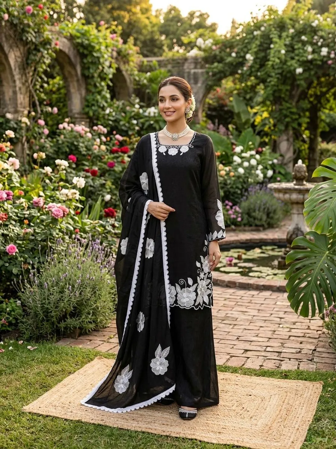 Black White Floral Embroidered Readymade Salwar Suit