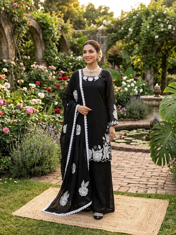 Black White Floral Embroidered Readymade Salwar Suit
