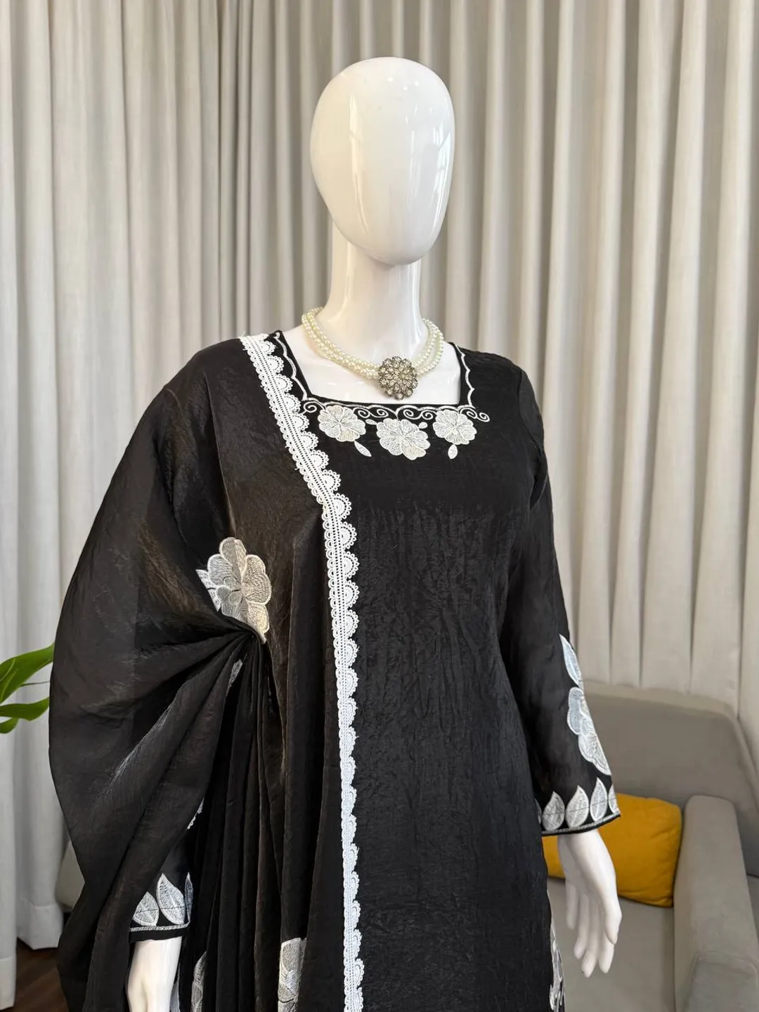 Black White Floral Embroidered Readymade Salwar Suit