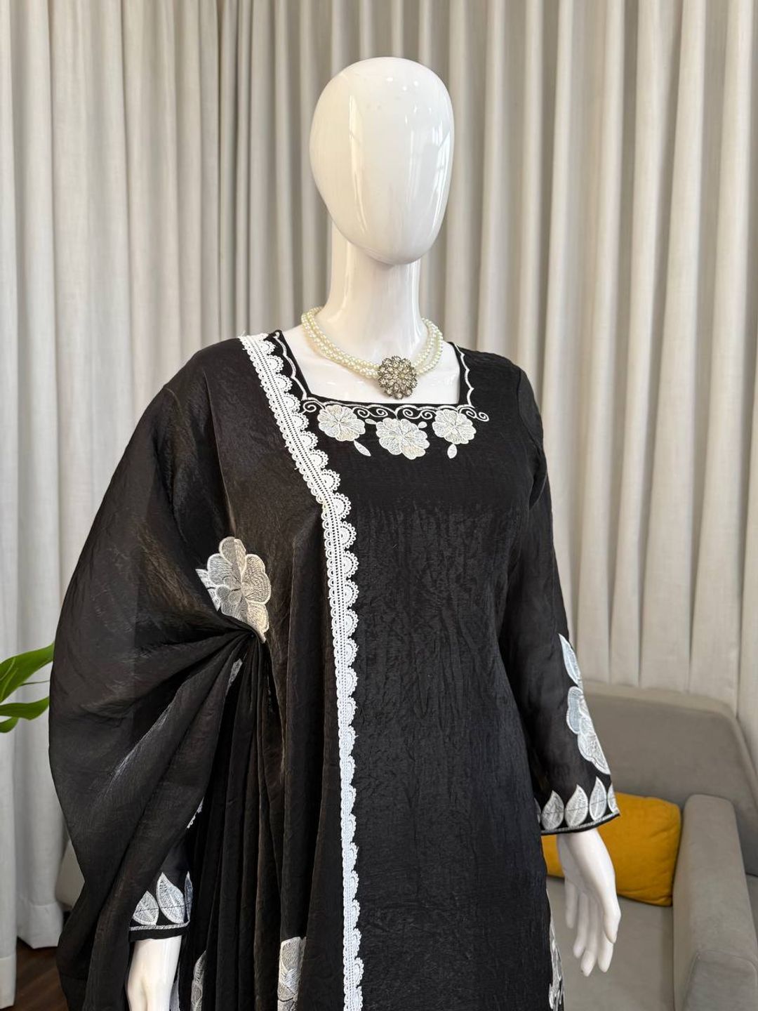 Black White Floral Embroidered Readymade Salwar Suit