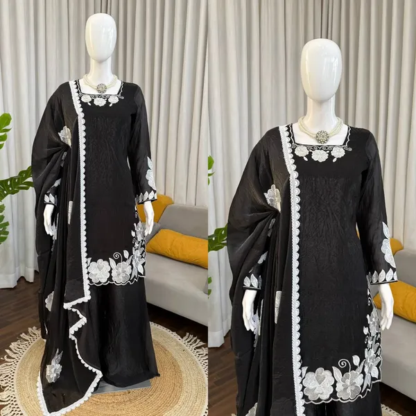 Black White Floral Embroidered Readymade Salwar Suit
