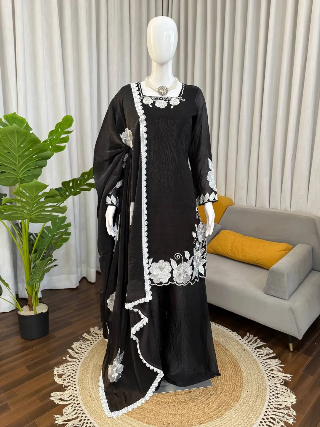 Black White Floral Embroidered Readymade Salwar Suit