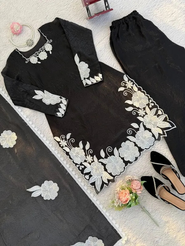 Black White Floral Embroidered Readymade Salwar Suit