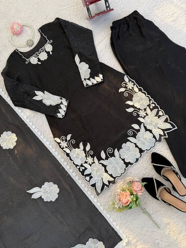 Black White Floral Embroidered Readymade Salwar Suit