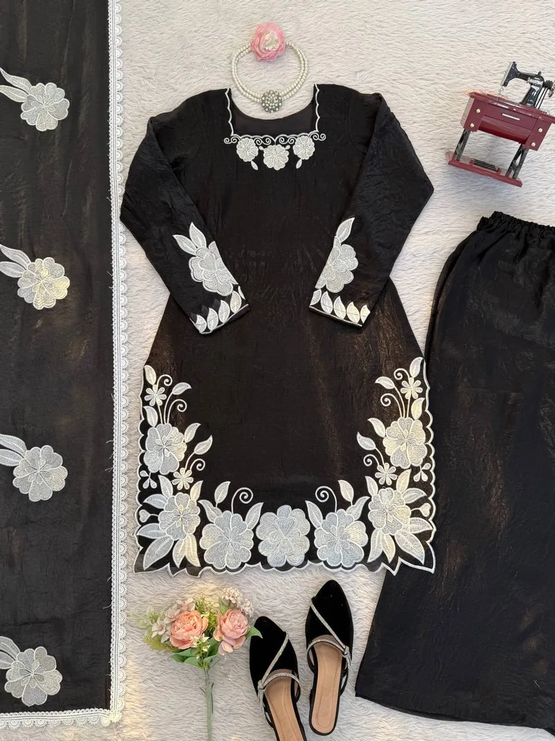Black White Floral Embroidered Readymade Salwar Suit
