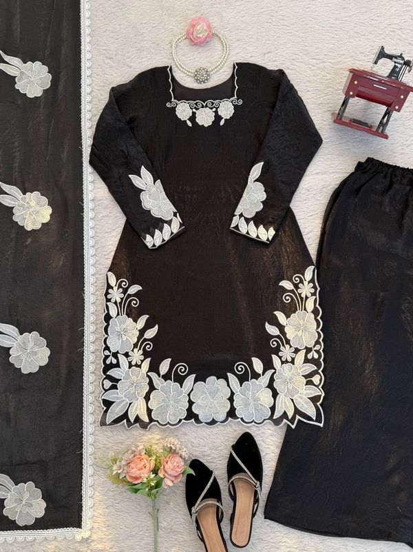 Black White Floral Embroidered Readymade Salwar Suit