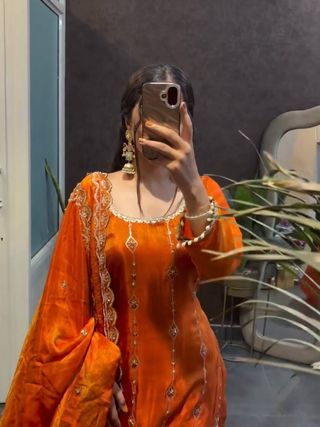 Rust Orange Embroidered Readymade Suit Set for Women