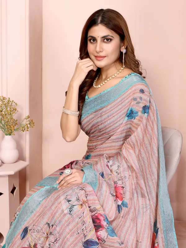 Pastel Linen Cotton Floral Print Saree with Designer Blouse