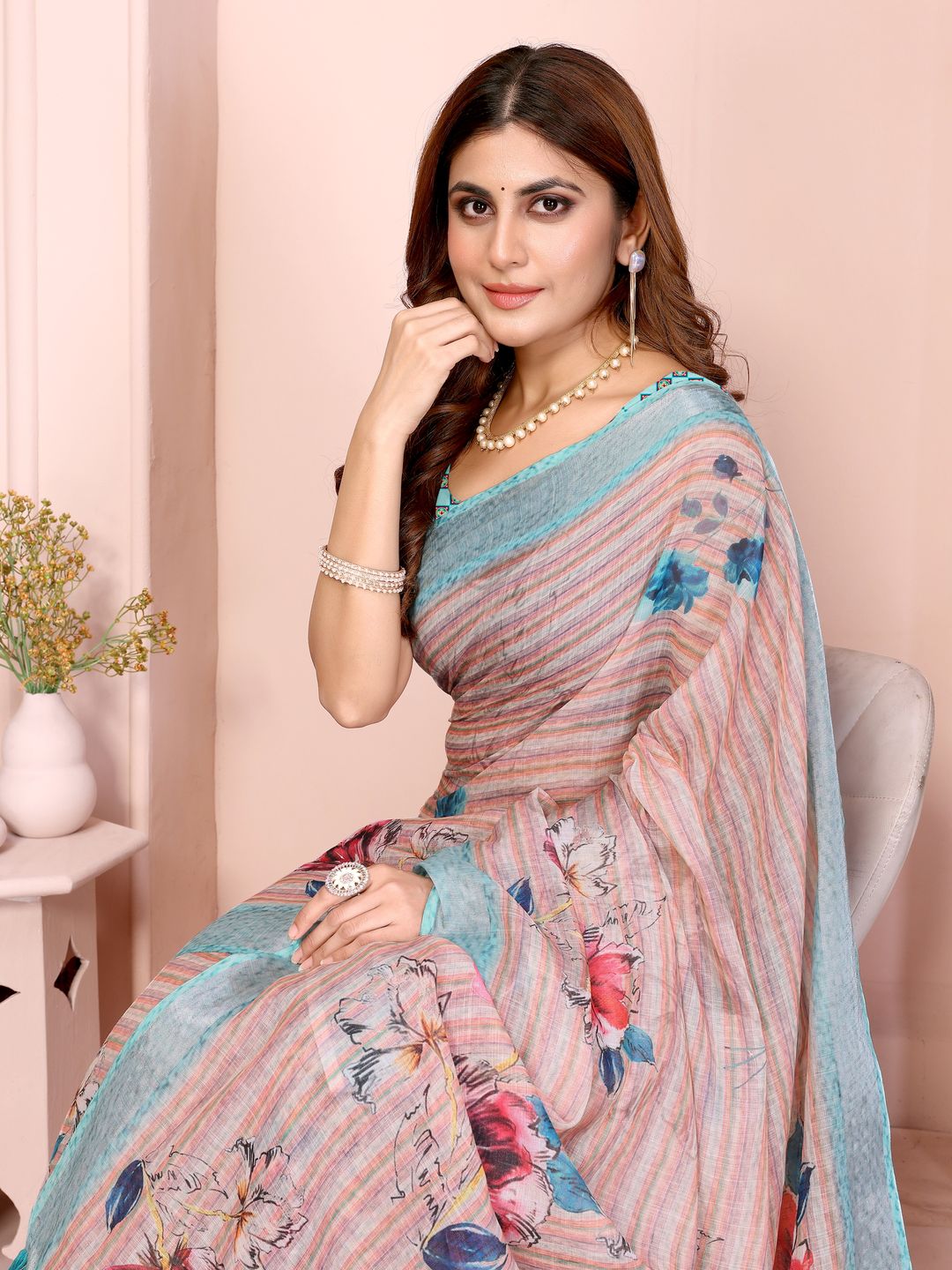 Pastel Linen Cotton Floral Print Saree with Designer Blouse