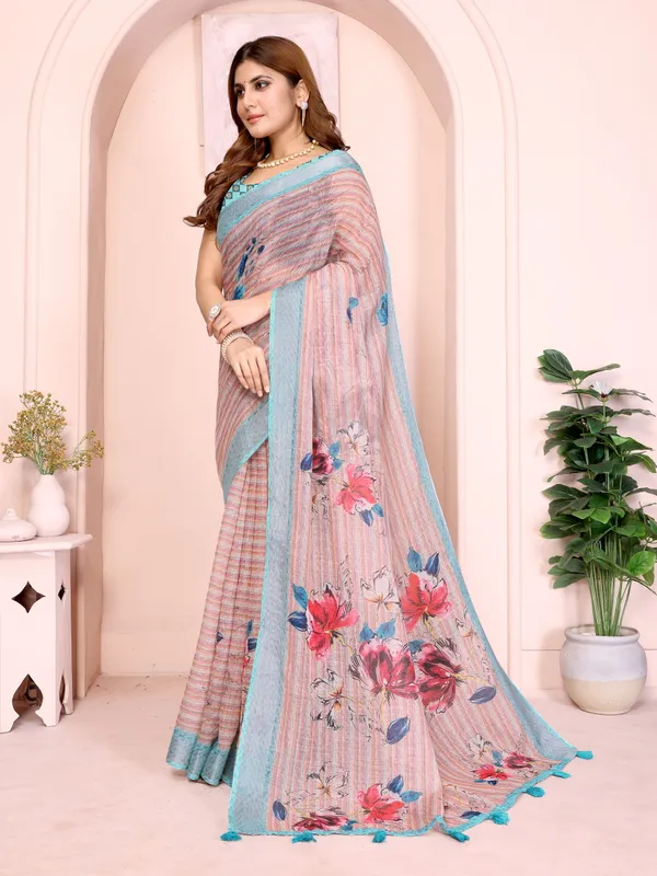 Pastel Linen Cotton Floral Print Saree with Designer Blouse