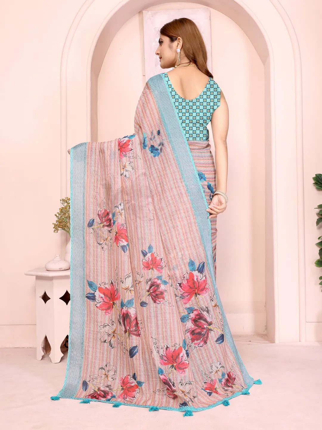 Pastel Linen Cotton Floral Print Saree with Designer Blouse