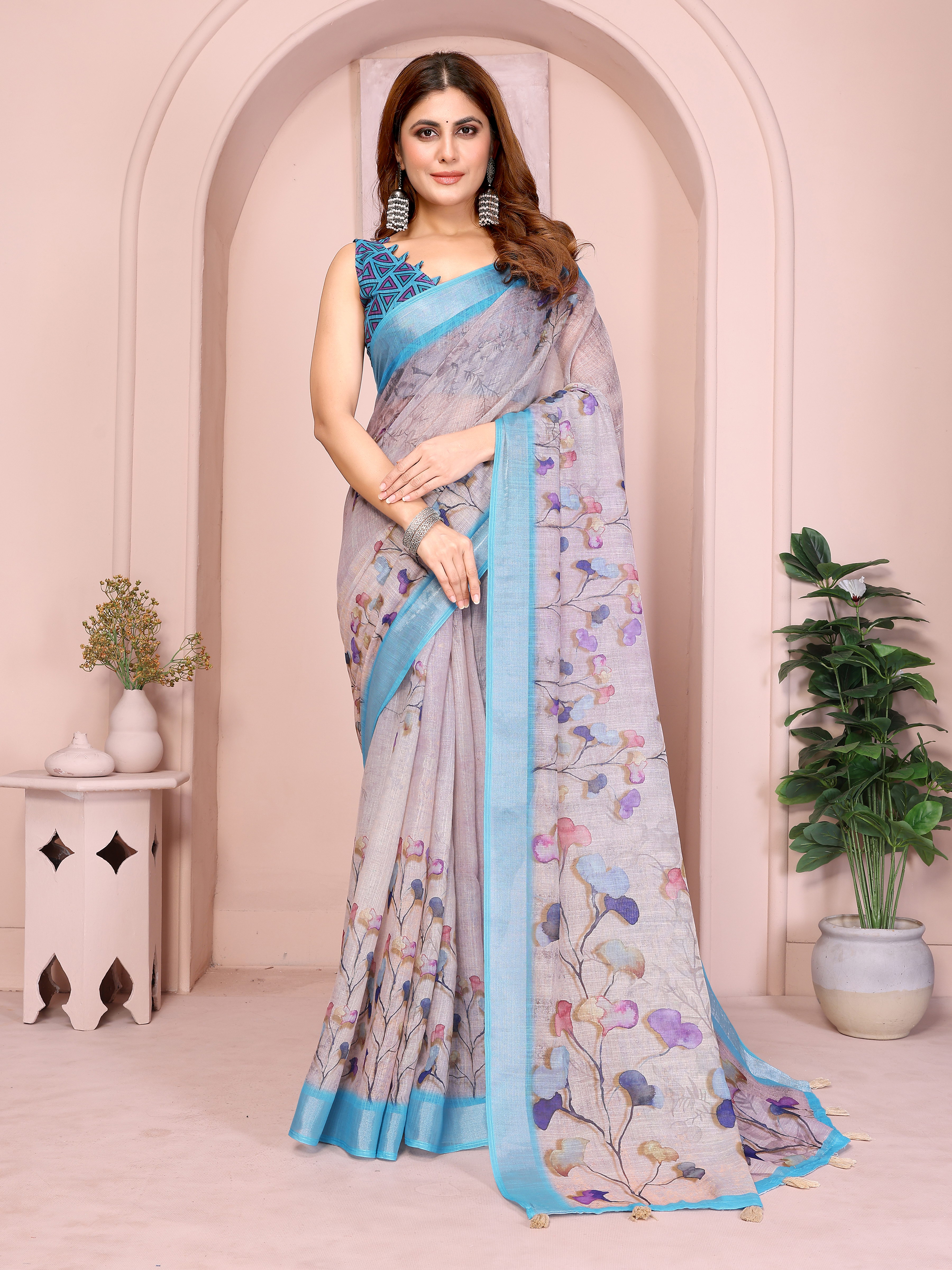 Floral linen saree