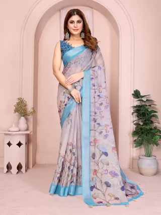 Pastel Linen Cotton Floral Print Saree with Designer Blouse