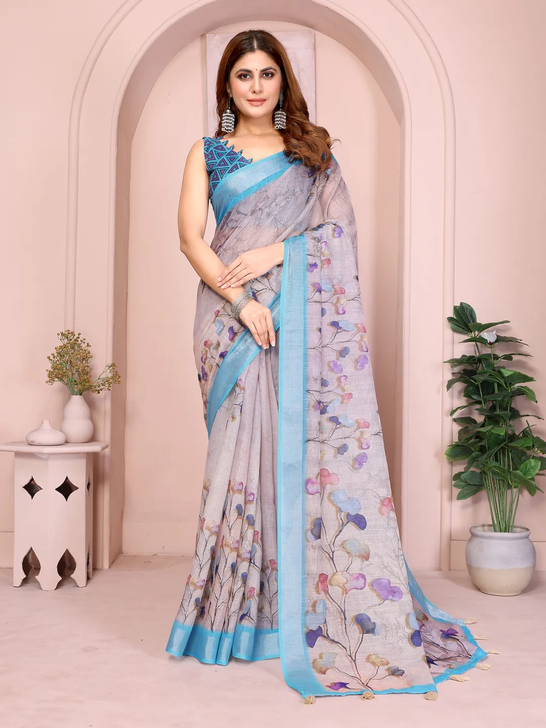 Pastel Linen Cotton Floral Print Saree with Designer Blouse