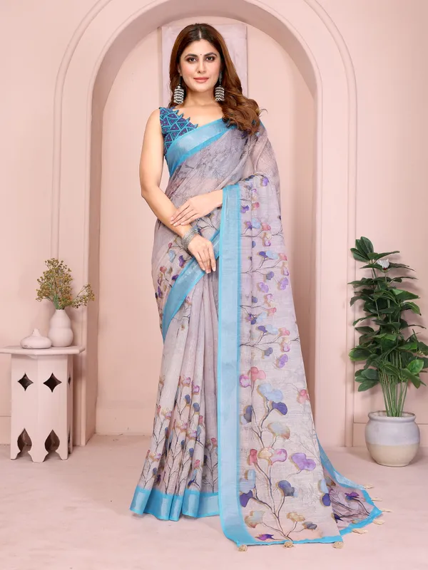 Pastel Linen Cotton Floral Print Saree with Designer Blouse