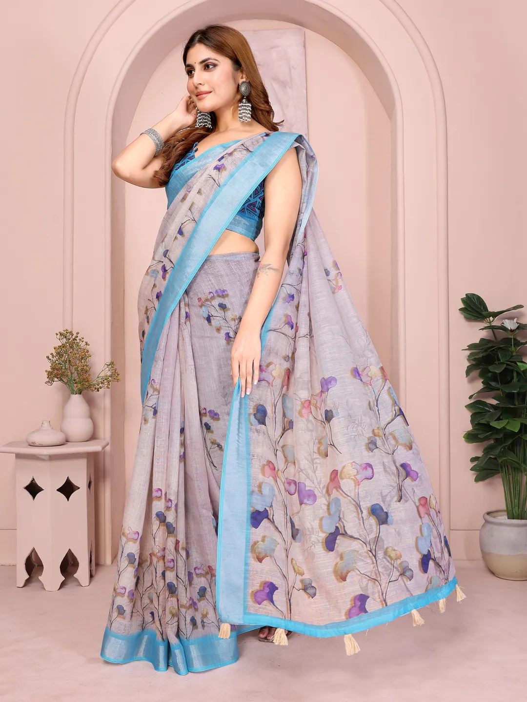 Pastel Linen Cotton Floral Print Saree with Designer Blouse