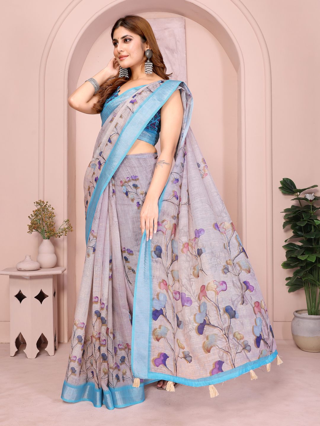 Pastel Linen Cotton Floral Print Saree with Designer Blouse