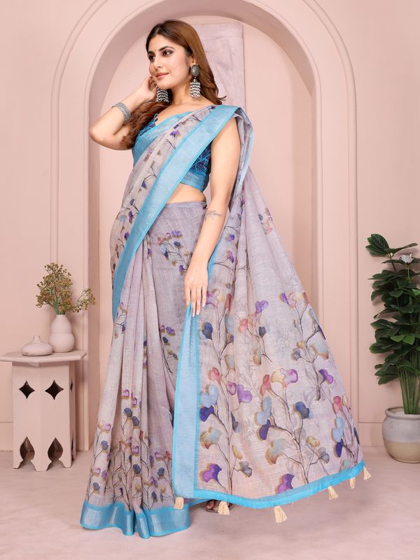 Pastel Linen Cotton Floral Print Saree with Designer Blouse