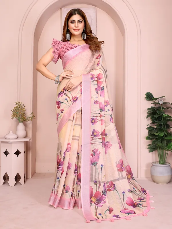 Peach Linen Cotton Floral Print Saree with Blouse for Women