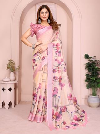 Peach Linen Cotton Floral Print Saree with Blouse for Women