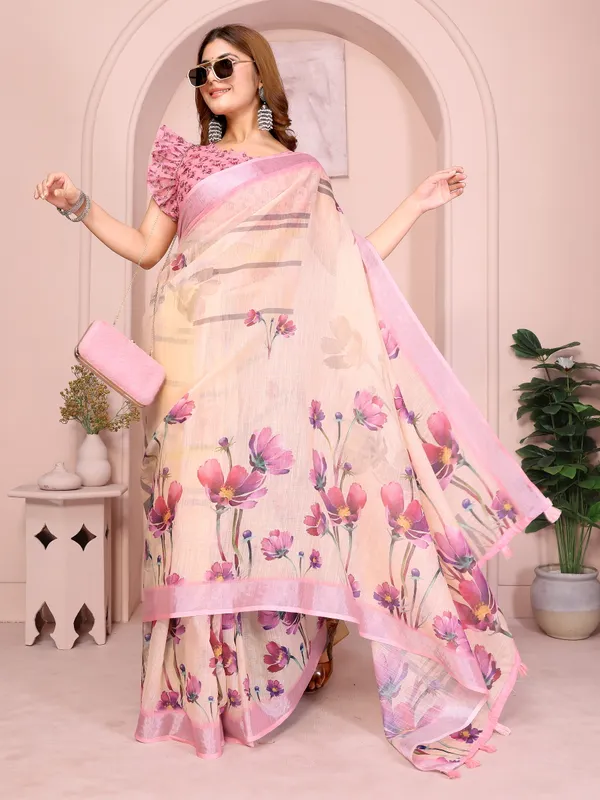 Peach Linen Cotton Floral Print Saree with Blouse for Women