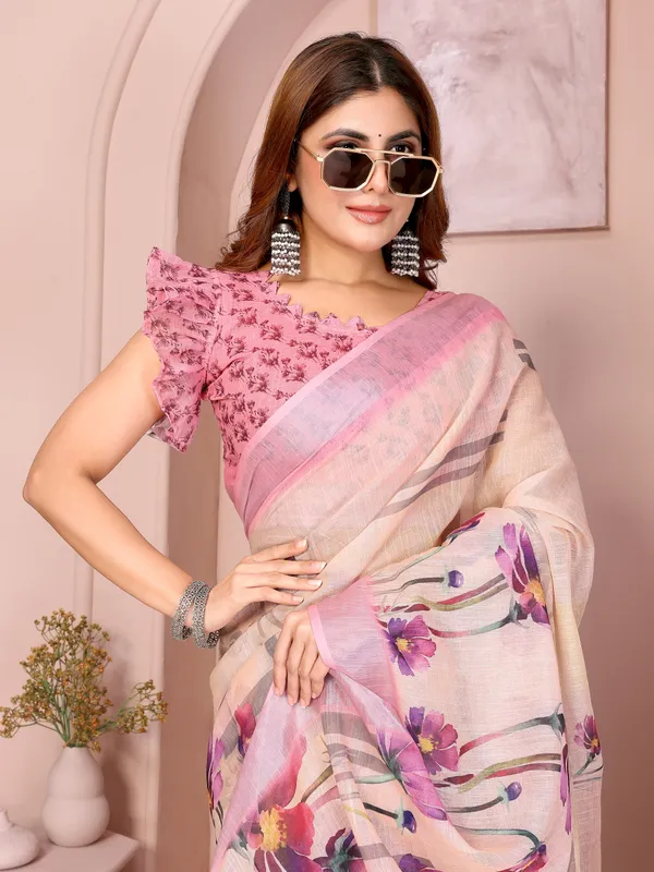 Peach Linen Cotton Floral Print Saree with Blouse for Women