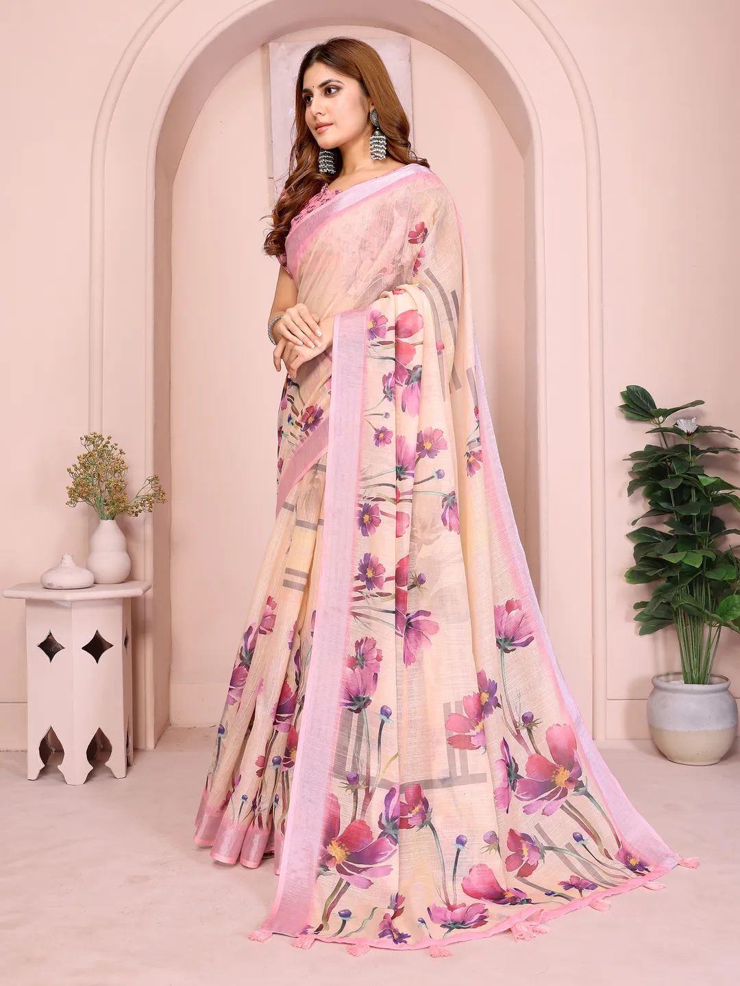 Peach Linen Cotton Floral Print Saree with Blouse for Women