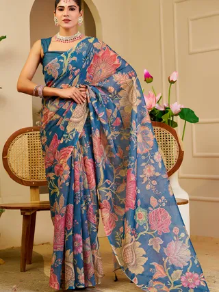 Blue Tissue Handloom Cotton Saree with Floral Digital Print
