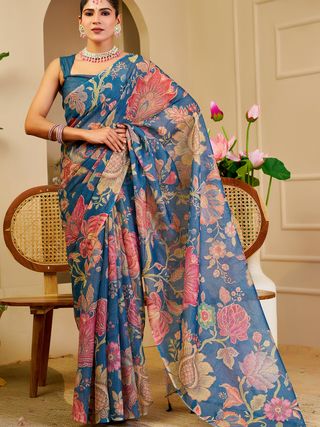Blue Tissue Handloom Cotton Saree with Floral Digital Print