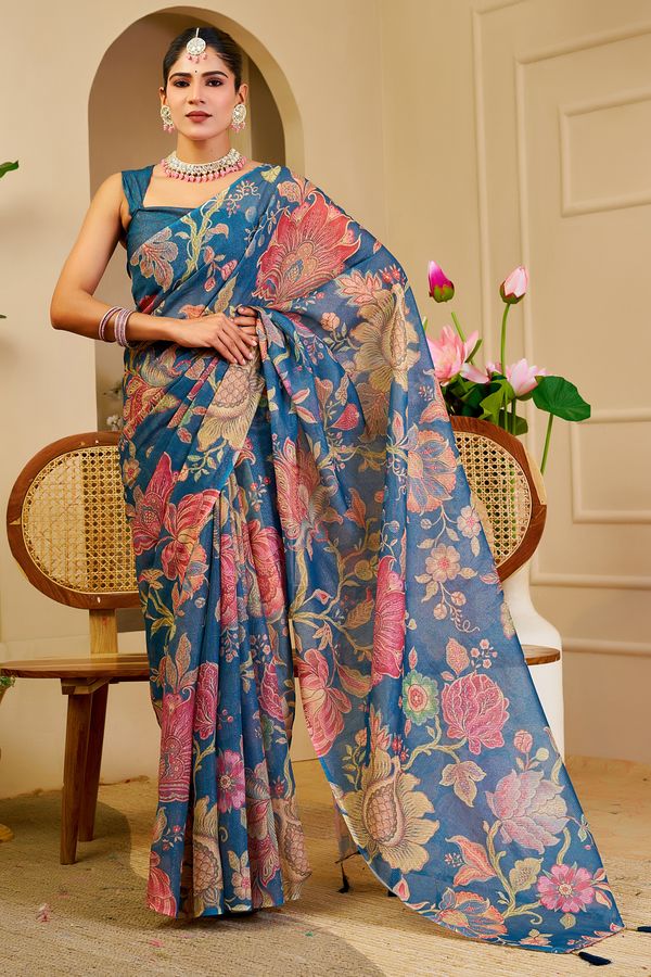 Blue Tissue Handloom Cotton Saree with Floral Digital Print
