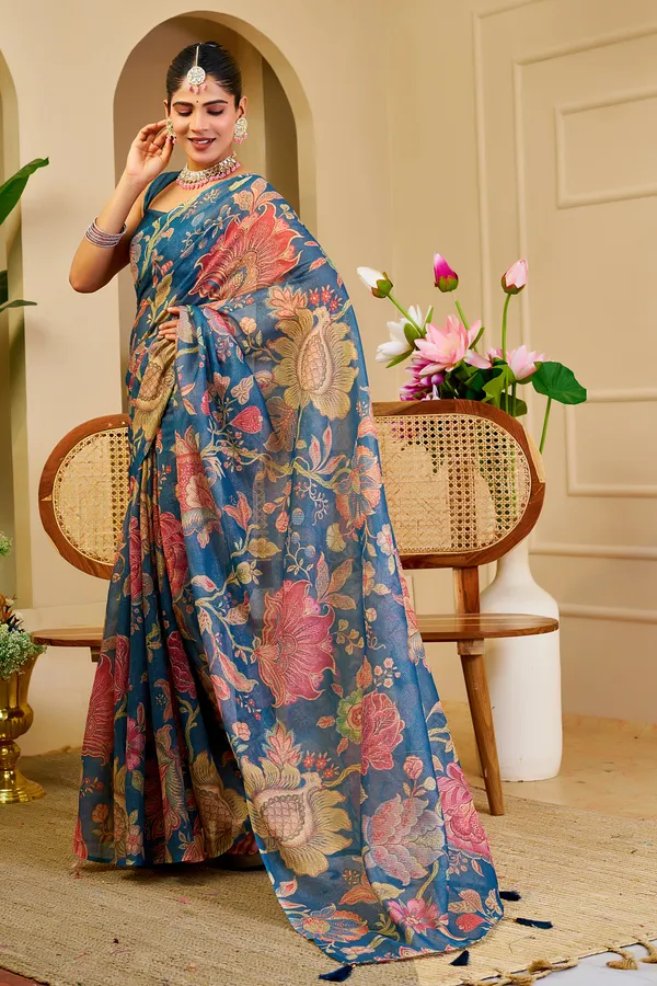 Blue Tissue Handloom Cotton Saree with Floral Digital Print