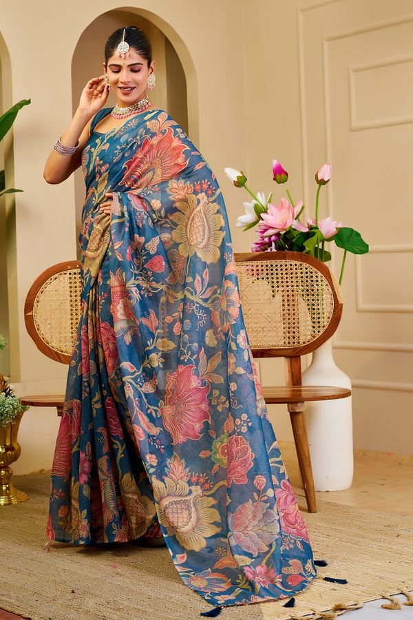 Blue Tissue Handloom Cotton Saree with Floral Digital Print
