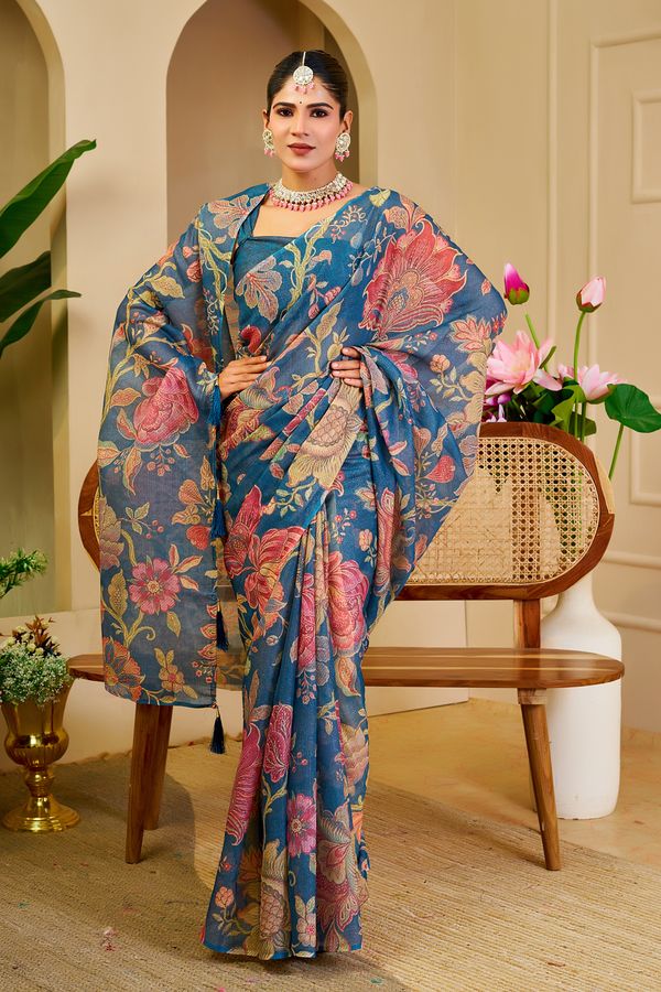 Blue Tissue Handloom Cotton Saree with Floral Digital Print