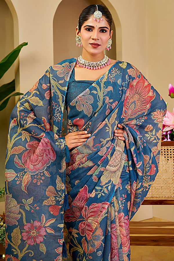 Blue Tissue Handloom Cotton Saree with Floral Digital Print