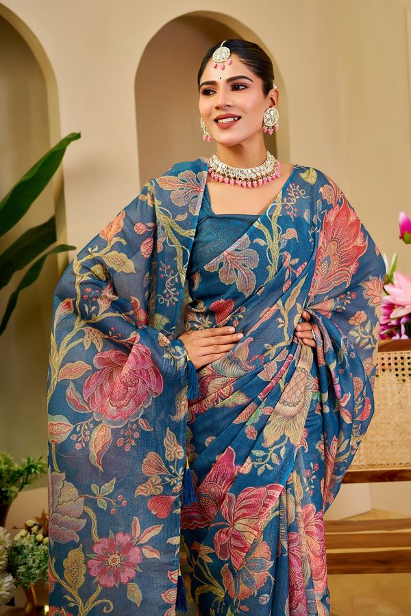 Blue Tissue Handloom Cotton Saree with Floral Digital Print