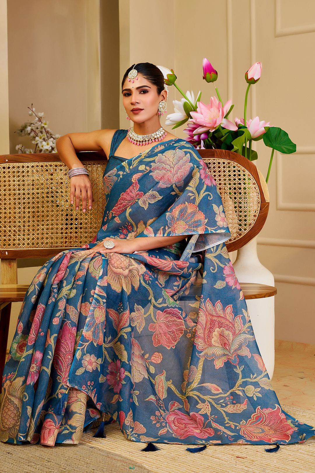 Blue Tissue Handloom Cotton Saree with Floral Digital Print