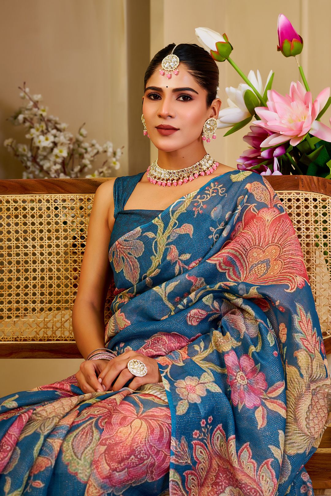 Blue Tissue Handloom Cotton Saree with Floral Digital Print