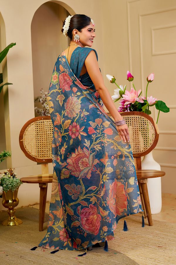 Blue Tissue Handloom Cotton Saree with Floral Digital Print