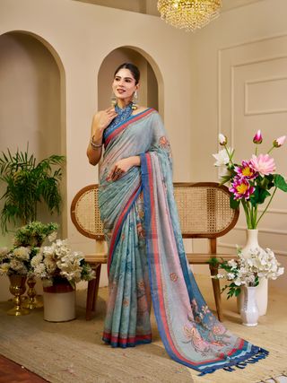 Sky Blue Tissue Handloom Cotton Saree with Floral Print