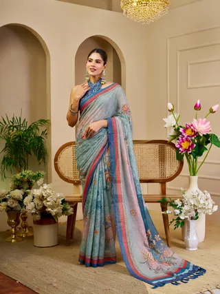 Sky Blue Tissue Handloom Cotton Saree with Floral Print