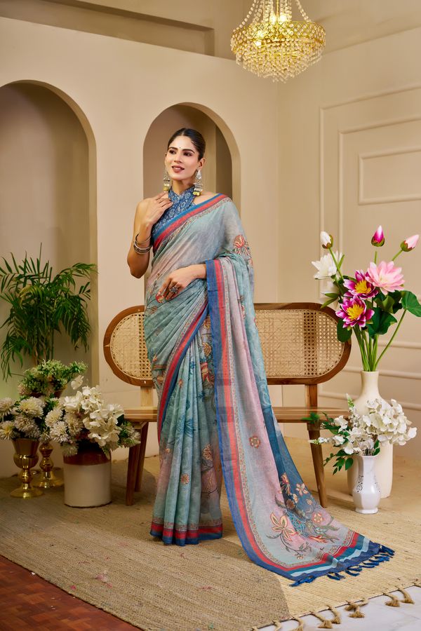 Sky Blue Tissue Handloom Cotton Saree with Floral Print