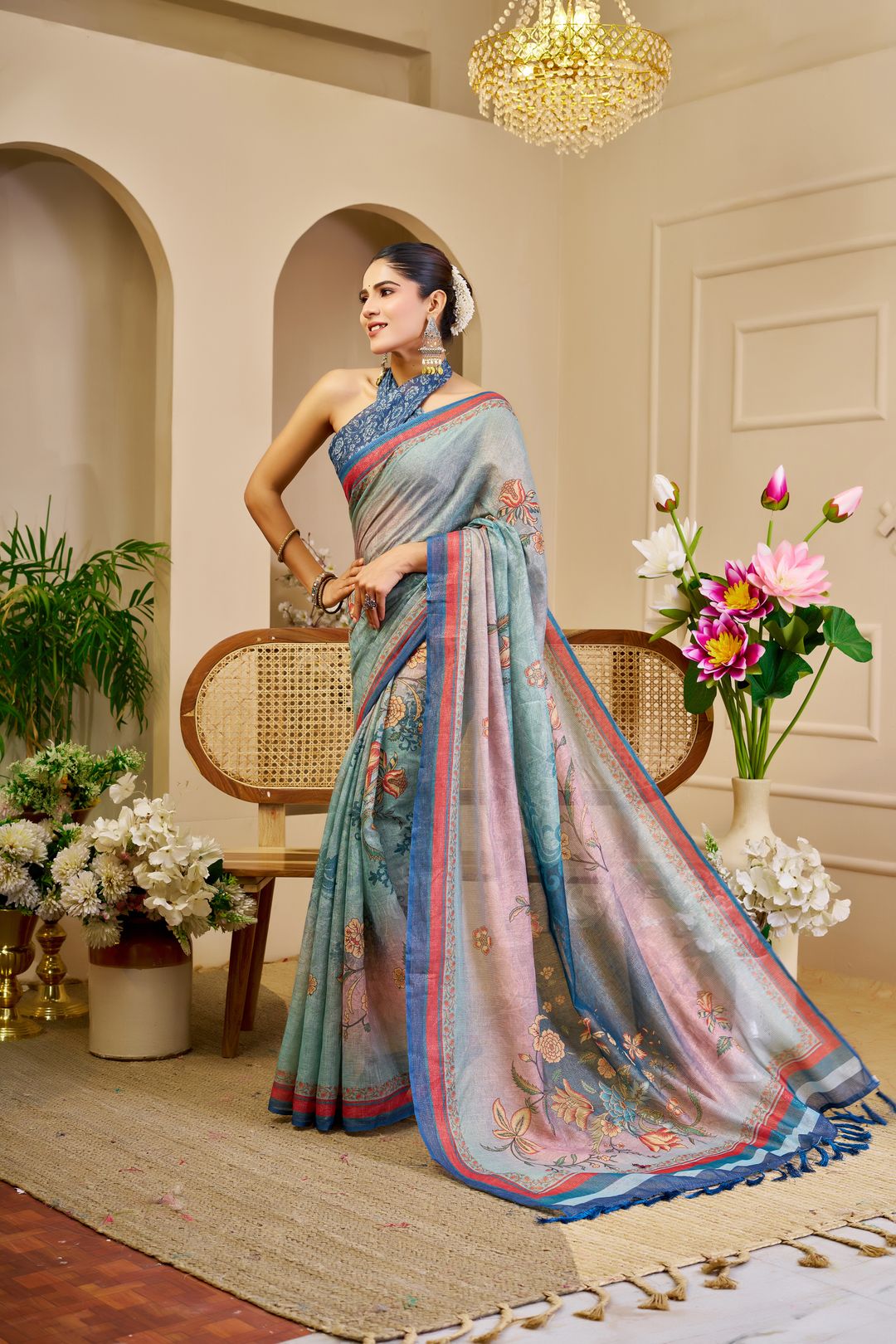 Sky Blue Tissue Handloom Cotton Saree with Floral Print