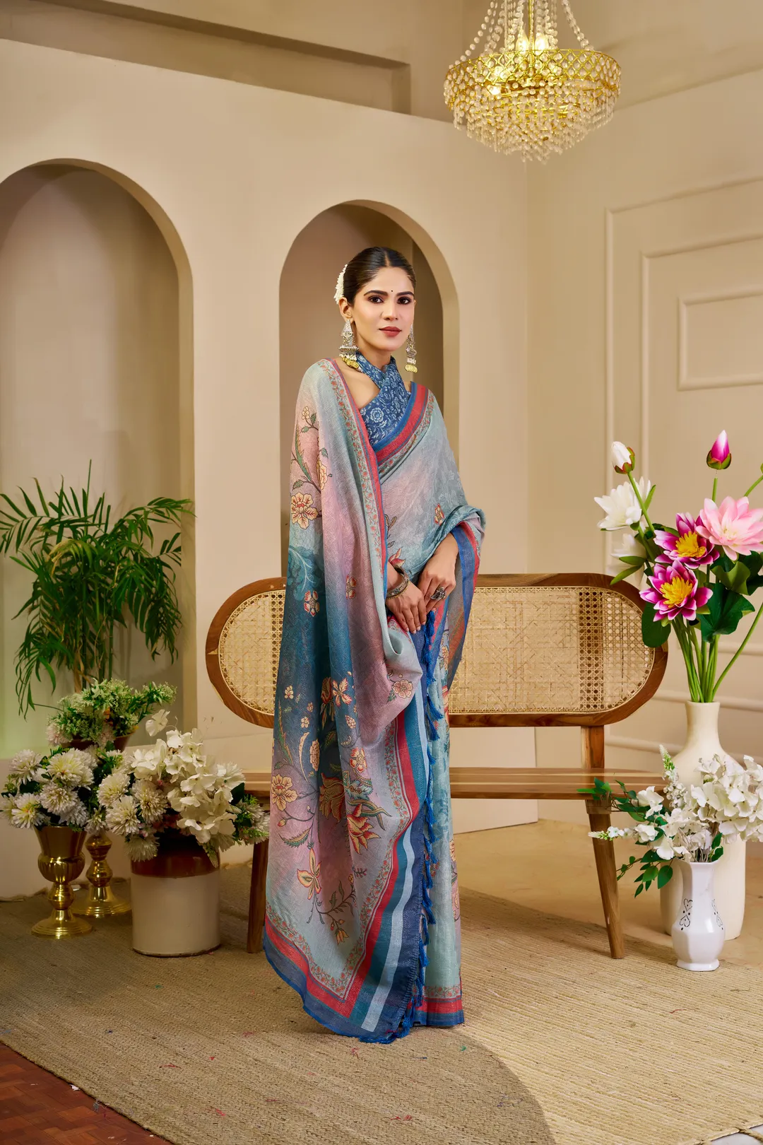 Sky Blue Tissue Handloom Cotton Saree with Floral Print