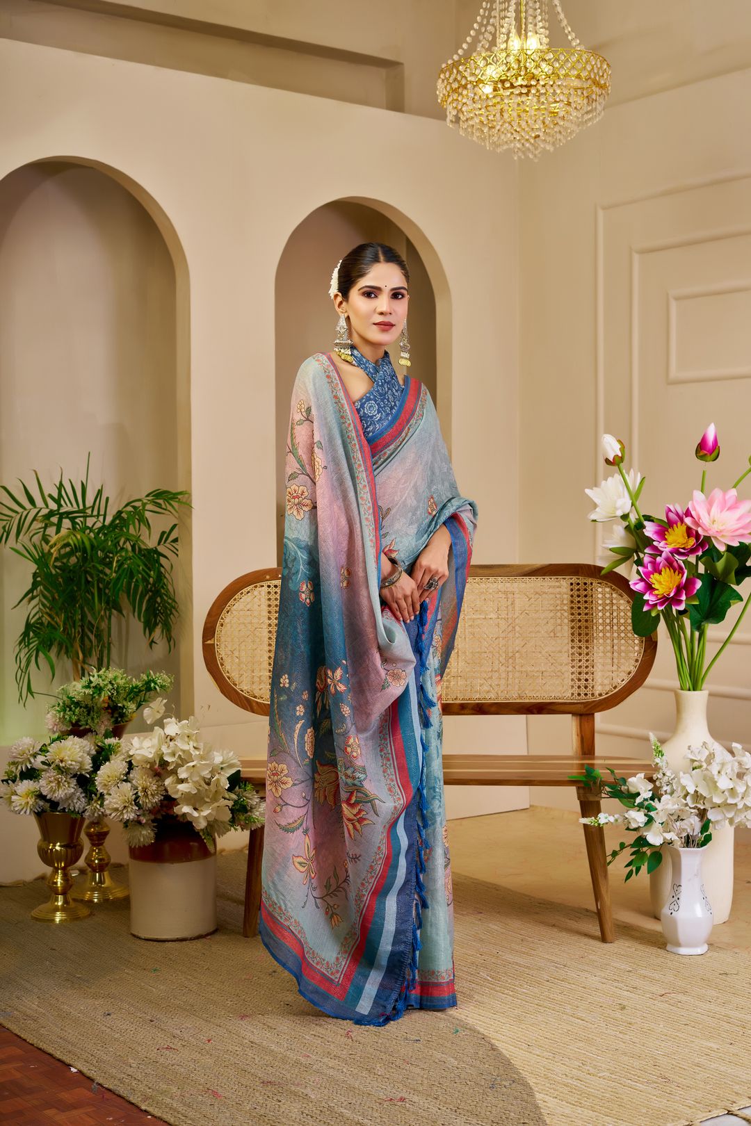 Sky Blue Tissue Handloom Cotton Saree with Floral Print