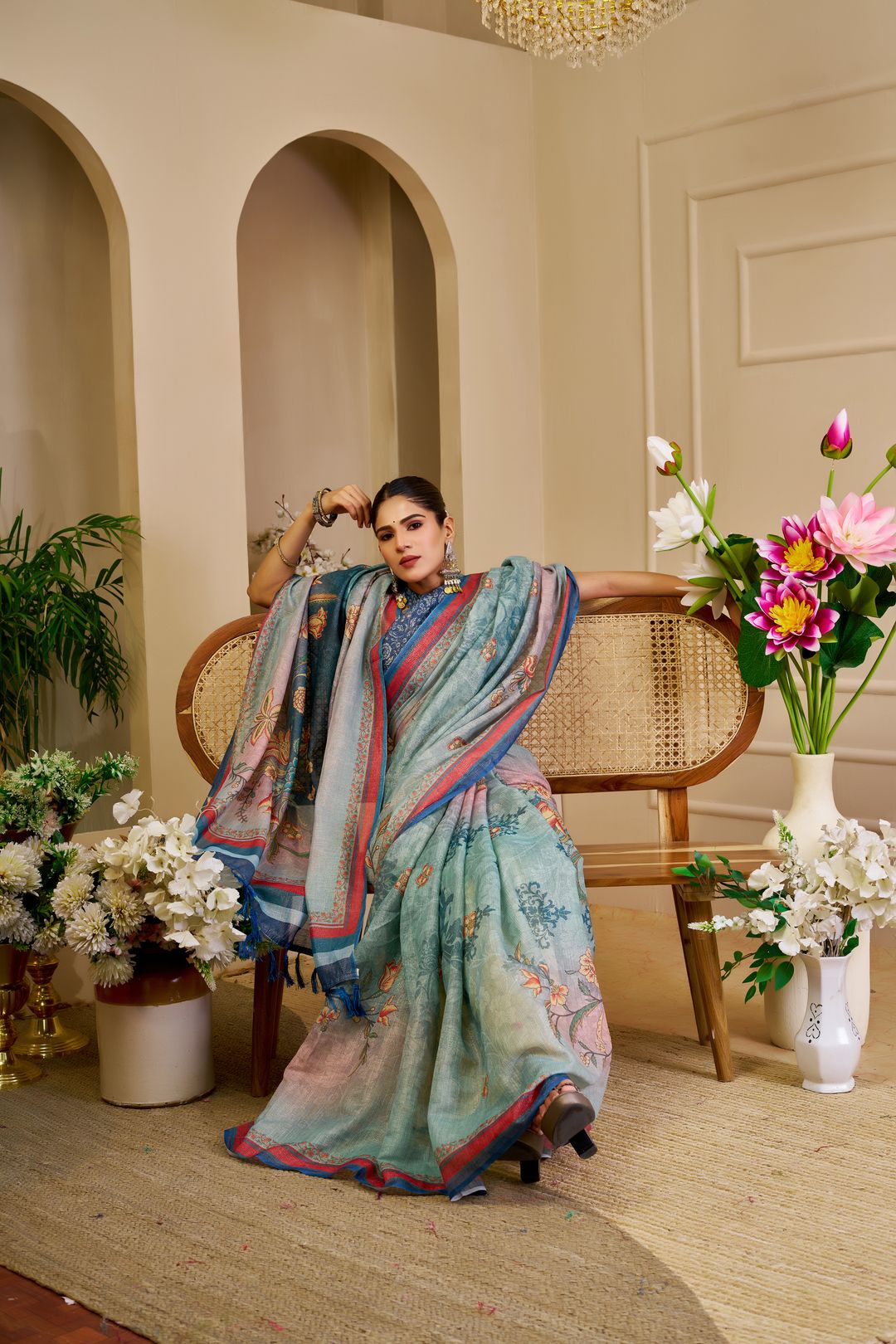 Sky Blue Tissue Handloom Cotton Saree with Floral Print